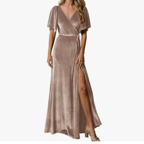 BALTICBORN velvet wrap Deep V Neck Velvet Prom Dress Short Sleeves Long Brides M - Picture 2 of 16